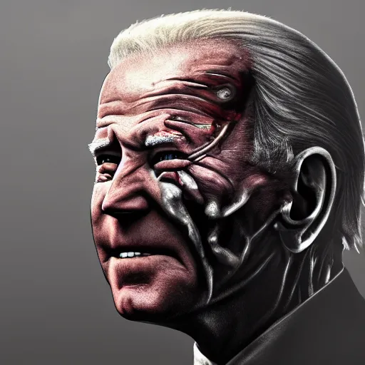 Image similar to joe biden as a rotting zombie, full body portrait, in a front of podeum, horror core, apocalyptic, feeling of grimdark, sharp focus, fiction, hyper detailed, digital art, trending in artstation, cinematic lighting, studio quality, smooth render, unreal engine 5 rendered, octane rendered, art style and nixeu and wlop and krenz cushart