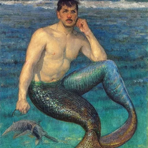 Image similar to male merlock holmes mermaid with a big mermaid tail sitting at the bottom of the sea under water in the style of jules bastien - lepage