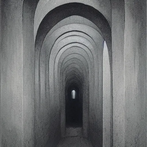 Image similar to cathedral, inquisition, reconquest. unsettling. semi - organic. tunnel, doorways. zdzisław beksinski