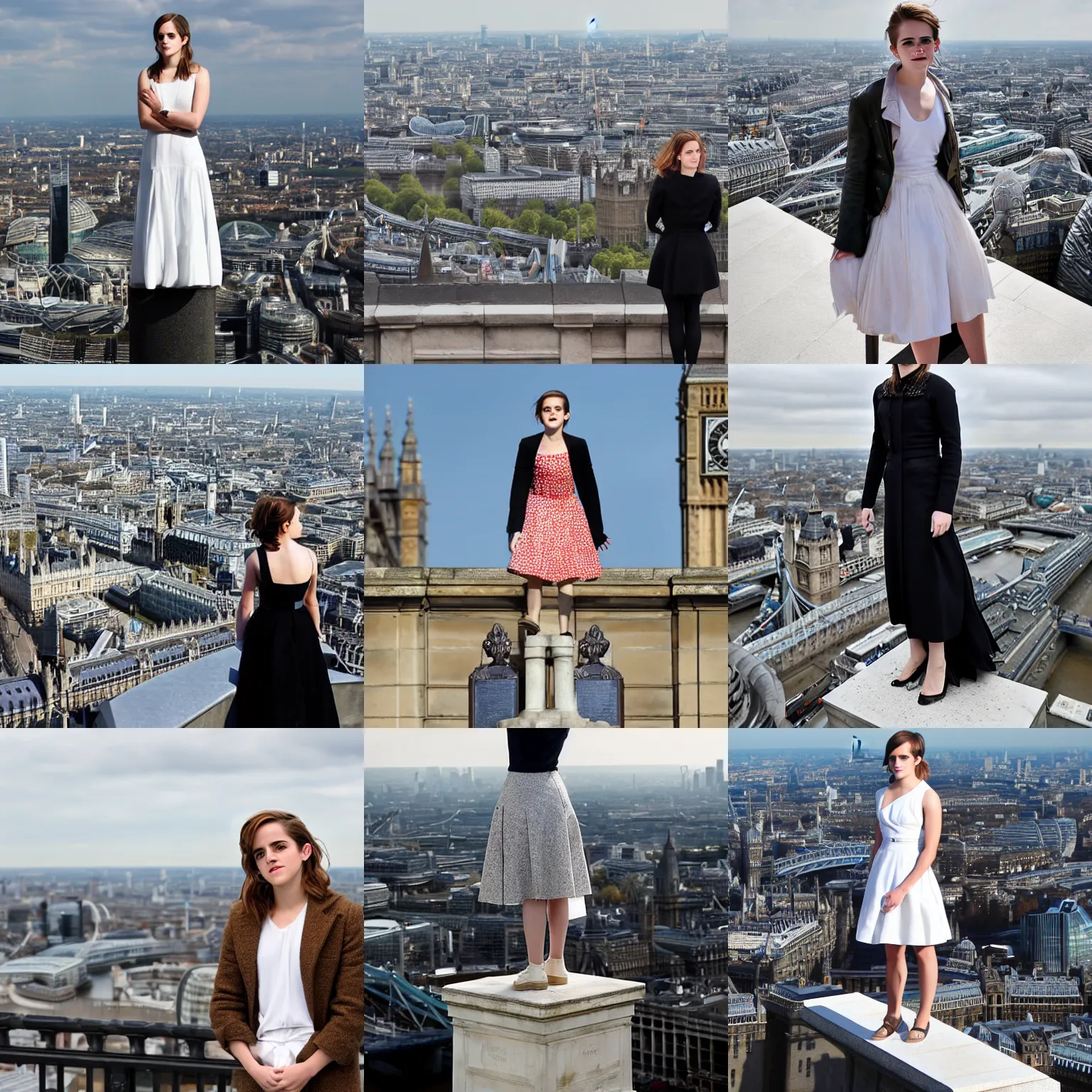 Prompt: emma watson stands atop a large plinth with london below