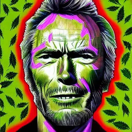 Image similar to clint eastwood portrait made of cannabis, weed art