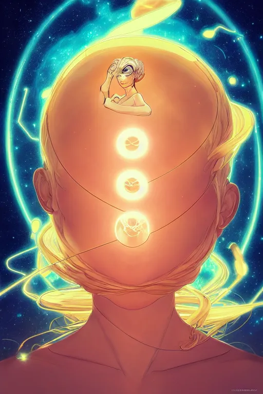 Image similar to a golden woman 2/3 figurative anime portrait, in space, head breaking apart and spiraling geometry into the sky upwards into another dimension, lazer light beaming down to top of her head, by james jean, artgerm, featured in artstation, elegant, Moebius, Greg rutkowski