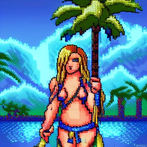 Prompt: pixel art, 32-bit pixel art, barbarian girl, electrified hair, prehistoric fantasy, palm trees