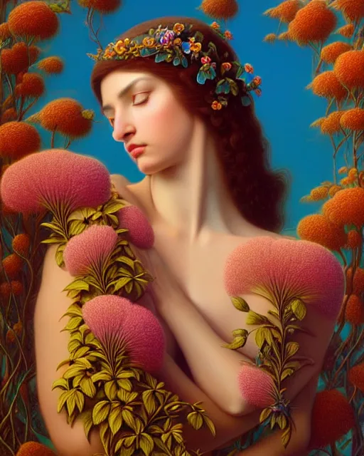 Prompt: a bird, unusual beauty, flowers and plants, emotionally evoking symbolic metaphors, head in focus, fantasy, ornamental, intricate, elegant, sensual, highly detailed digital painting, artstation, concept art, painterly, golden ratio, sharp focus, illustration, art by John William Godward and Boris Vallejo and Zdzisław Beksiński,