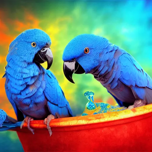 Image similar to blue parrots emerging from fluids mixing, atmospheric liquids, ornate intricate, hyper realistic, 16k, post processing, saturated blue colors, nature background