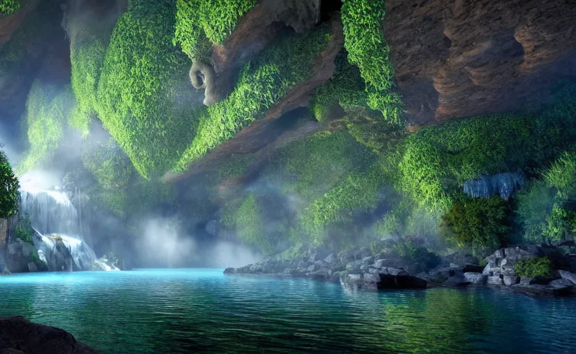 Prompt: a beautiful and stunning professional digital artwork of a humongous pyrite cave, haze, waterfall, volumetric lighting, hyperrealistic, green, blue, sunset, unreal engine 5, ultra detail