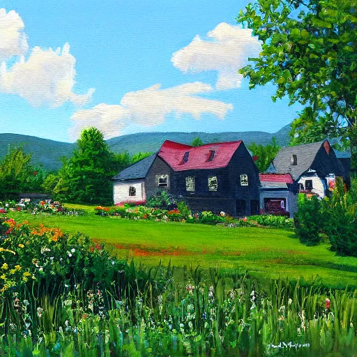 Prompt: a realistic painting of symply durhams cottages, catskills, us.