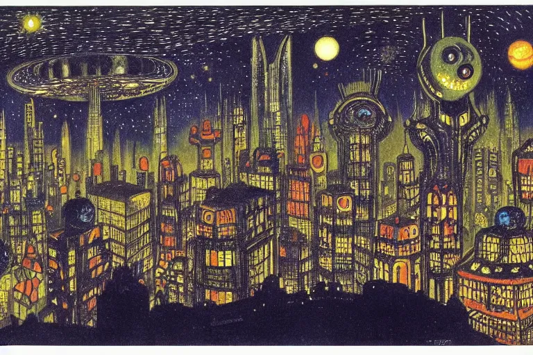 Image similar to a scifi illustration, Night City on Geidi Prime by Louis Wain (1920)