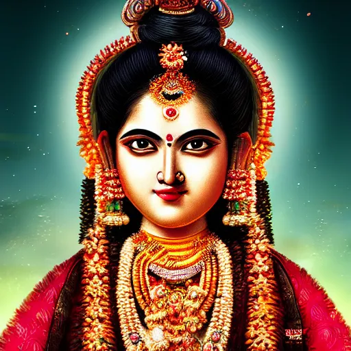 Image similar to a portrait of a kumari goddess, highly detailed, cinematic lighting, hyperrealistic, 4 k, digital art