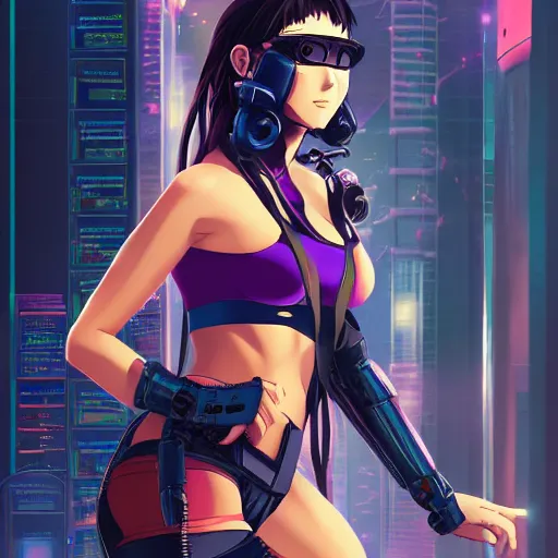 Prompt: An anime portrait of a fit Phoebe Kates as a cyberpunk hacker, by Stanley Artgerm Lau, WLOP, Rossdraws, James Jean, Andrei Riabovitchev, Marc Simonetti, and Sakimichan, tranding on artstation