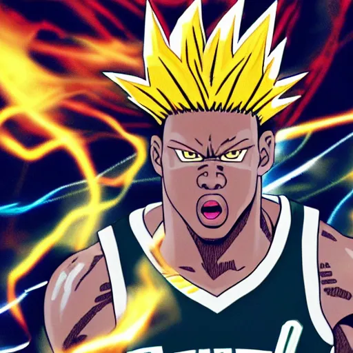 Image similar to Giannis Antetokounmpo going super Saiyan, manga 8k
