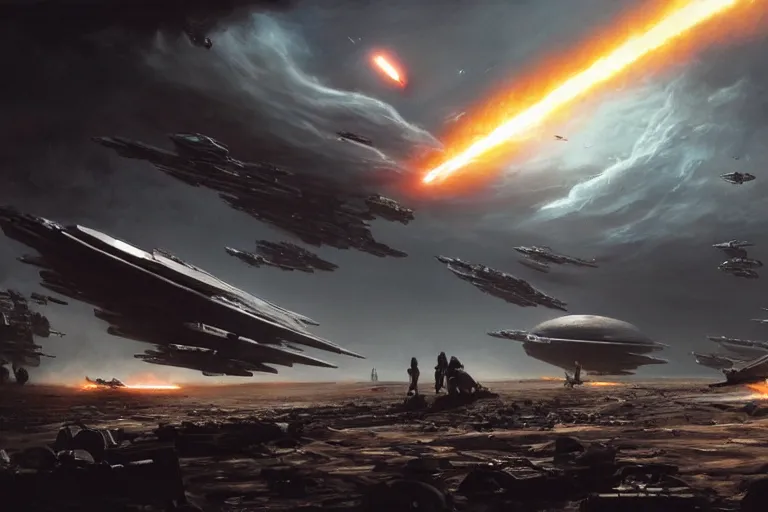 Prompt: ultra realistic, cinematic, detailed, deep focus, movie still, dramatic lighting, ray tracing, artgerm and greg rutkowski concept art for scene : the death star is rocked by explosions as the rebel fleet zooms over, unloading a heavy barrage. luke struggles to carry the enormous weight of his father's dying body toward an imperial shuttle.