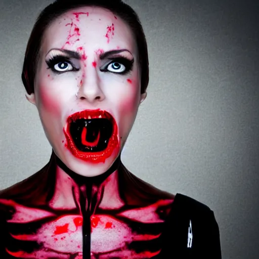 Image similar to portrait photo of a female cyborg vampire blood coming from the mouth and eyes