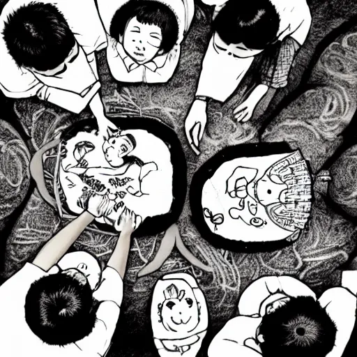 Prompt: four asian kids sitting around each holding a digital tablet, top down view, ink art, ink illustration, black and white, intricate illustration, detailed, top down view