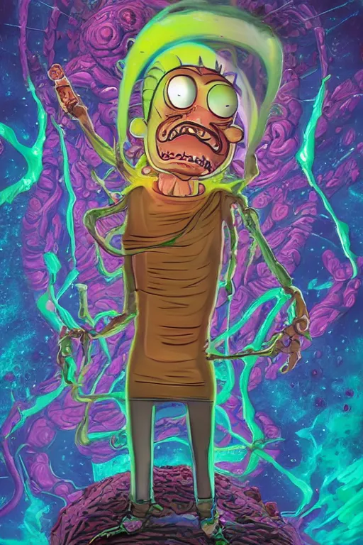 Prompt: rick and morty fused with a lovecraft fat space zombie wearing a exploding wig, photo, portrait, 3d, high details, intricate details, by vincent di fate, artgerm julie bell beeple, 90s, Smooth gradients, octane render, 8k, volumetric lightning, High contrast, duo tone, depth of field, very coherent symmetrical artwork