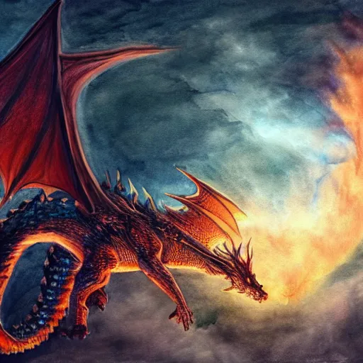 Image similar to a majestic , magnificent fire breathing dragon flying over a medieval castle under a dark starred sky, dark fantasy, watercolor, dreaming illusion, highly detailed, 4k, trending on Artstation, award-winning