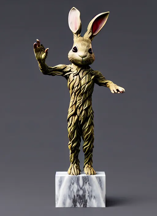 Prompt: rabbit groot as marble statue, red sunglasses