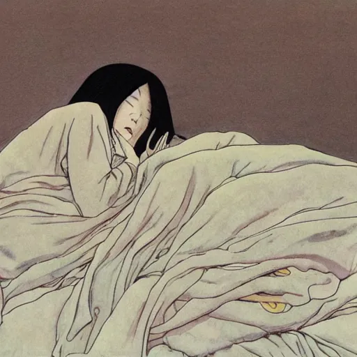 Prompt: Picture of Sadako Yamamura sleeping in bed, painted by moebius, highly detailed, sharp focus, illustration