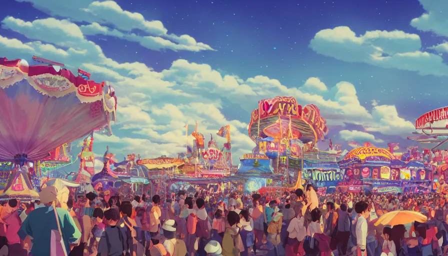 Image similar to A highly detailed matte painting of an old fashioned carnival with a bright shimmering sky by Studio Ghibli, Mokoto Shinkai, by Artgerm, by beeple, volumetric lighting, octane render, 4K resolution, trending on artstation, vivid colours