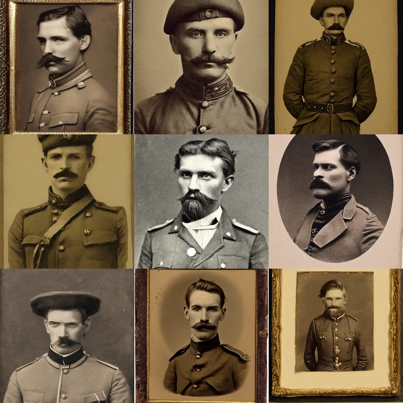 Image similar to late 1 9 th century, austro - hungarian!!! soldier ( handsome, 2 7 years old, redhead michał zebrowski with little mustache ). old, sepia tones, detailed, hyperrealistic, 1 9 th century portait by emil rabending