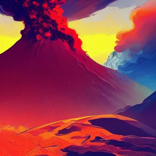 Prompt: volcano eruption, plumes of smoke and ash, rays of sunlight, dramatic lighting, dynamic view, by anton fadeev, alena aenami, vincent van gogh!!!!!!!!, digital art, concept art, vibrant, colorful, trending on artstation