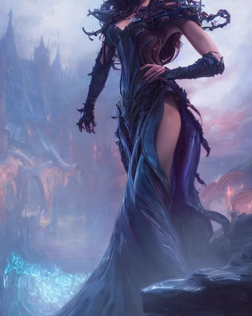 Image similar to daniel gerhartz and artgerm detailed portrait digital rococo painting of a beautiful villainess wearing fantasy clothing like liliana vess, hellscape in the background, embers, unreal engine, hyper realism, realistic shading, cinematic composition, blender render, octane render, hdr, detailed textures, photorealistic, ultrawide shot, 3 5 mm film