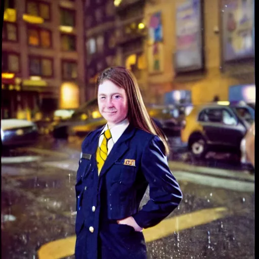 Image similar to night flash portrait photography of a catholic high school girl in uniform on the lower east side by annie leibovitz, colorful, nighttime!, raining!