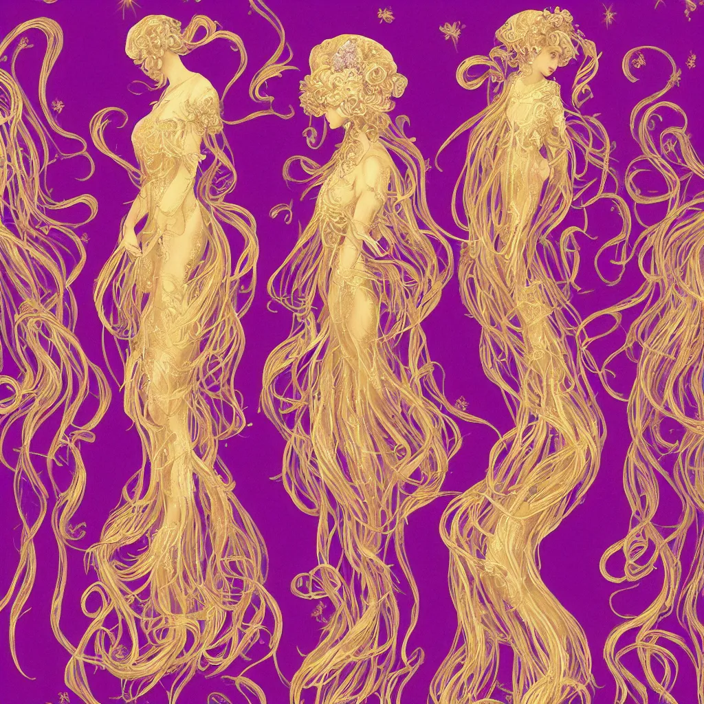 Image similar to Goldenpurple dress design in the style of rococo,Victorian era,jellyfish element,dreamy, soft,Backlight ,luminescence,highly detailed,8k