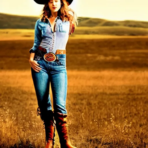 Prompt: cinematic scene with jennifer lawrence a barn dressed as a cowgirl, smiling, daisy dukes, cowboy hat, boots, tied - up shirt, sexy, small details, radiant light