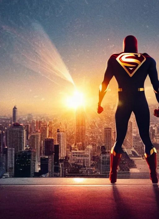 Image similar to a 3 5 mm photo from the back of a superhero wearing a cape standing in front of a city, splash art, movie still, bokeh, canon 5 0 mm, cinematic lighting, dramatic, film, photography, golden hour, depth of field, award - winning, anamorphic lens flare, 8 k, hyper detailed, 3 5 mm film grain