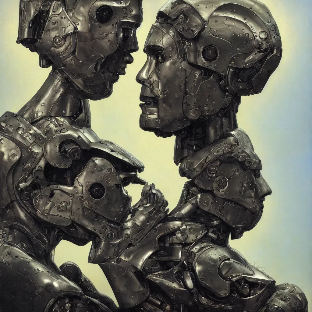 Prompt: cinematic bust portrait of futuristic god robot, part by Norman Rockwell, part by maxfield parrish, detailed,chiaroscuro, oil on canvas, HD, HDR, 4K, 8K , nice colors