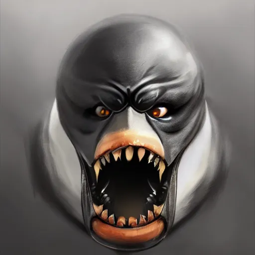 Image similar to the penguin wearing the dark knight mask, snarling teeth, digital painting, amazing detail, art station, cgsociety