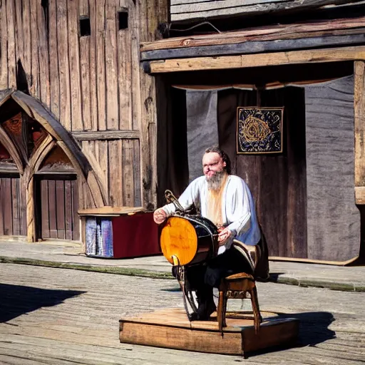 Image similar to a medieval bard singing in a wooden stage in the middle of an old wooden town with his hurdy - gurdy. smoke explosion around him. mid day light. medieval market fest.