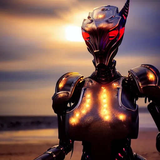 Image similar to cinematic chest up shot, realistic detailed stunning beautiful humanoid anthropomorphic female robot dragon, looking to the side with an elegant pose of hand on hip, smooth and streamlined armor and design made of steel, sharp claws and sharp teeth, high quality head, Slick LEDs, on the beach during sunset, high quality, cinematic art, sci fi, sunset lighting, 3D render, 8k, artstation, deviantart, furaffinity