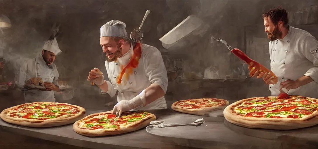 Prompt: a chef making pizza using pipettes and weird tools, happy chef, experimenting, jars, colorful, magic, 8k, james gurney, greg rutkowski, john howe, artstation