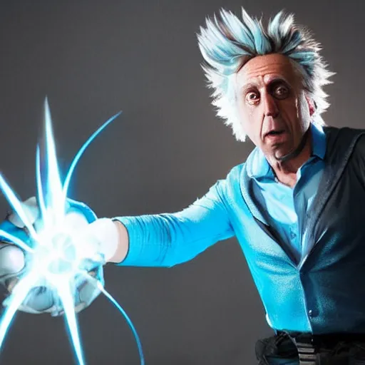 Image similar to Rick Sanchez as a real-life person, studio portrait, real-life-action movie star, holding a portal gun, opening a portal, Rick Sanchez