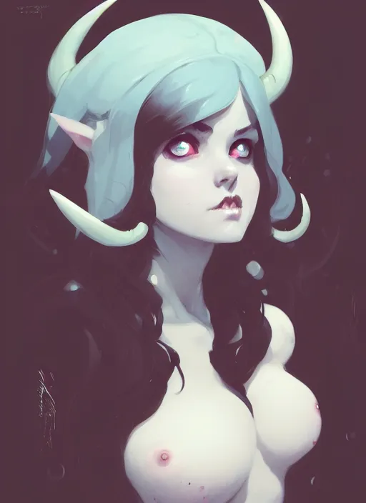 Image similar to portrait of cute succubus girl with horns, warhammer, by atey ghailan, by greg rutkowski, by greg tocchini, by james gilleard, by joe gb fenton, by in kaethe butcher, dynamic lighting, gradient light blue, brown, blonde cream and white color in scheme, grunge aesthetic