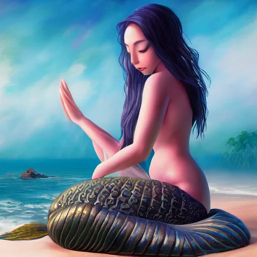 Prompt: stunning artstation style portrait painting of a mermaid bodhisattva, praying meditating prayer hands, on the beach, by the ocean, stunning sky, WLOP, 8k masterpiece, curvy, slim build, full frame shot, cinematic lighting, pristine clean design, fantasy, insanely detailed, atmospheric