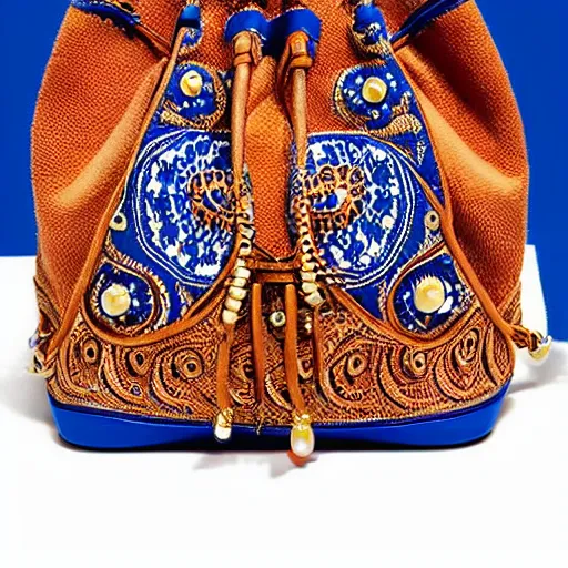 Image similar to a bucket bag made of blue suede. the bag is decorated with intricate golden paisley patterns. the handle of the bag is made of rubies and pearls.