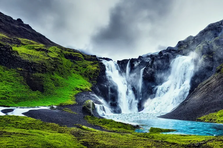 Image similar to photo of a landscape with mountains with waterfalls and snow on top, wallpaper, very very wide shot, blue glacier, iceland, new zeeland, green flush moss, national geographics, professional landscape photography, sunny, day time, beautiful