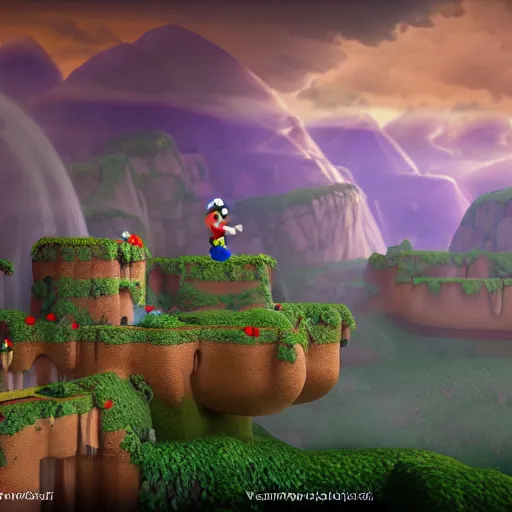 Image similar to an amazing landscape from the world of super mario 4 k, vray,