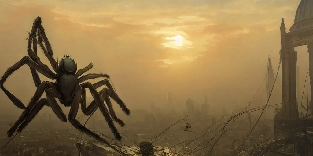 Image similar to giant spider, london is a pure wasteland, sunset in background, muted colours, alphonse mucha, greg rutkowski, trending on artstation, artgerm, breathtaking, sharp focus, smooth, mark arian, award winning, highly detailed 4 k art