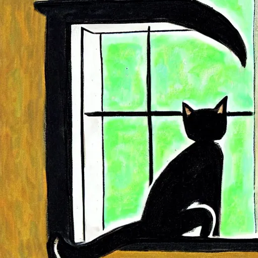 Image similar to sad black cat outside clawing at window, by Tom hammick