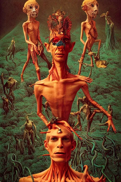 Prompt: 35mm color, humans enslaved by machines, portrait, fashion shoot, freak show, weird, random, strange, hyperdetailed, photorealistic, interesting, by David la chapelle and karol bak and david cronenberg and WETA digital, art by Zdzisław Beksiński, Ivan Bilibin, Dariusz Zawadzki , ID magazine, octane rendering, cinematic, hyperrealism, octane rendering, 8k, depth of field, bokeh.