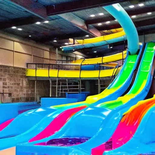 Image similar to dark, empty indoor children's water park with colorful water slides, nostalgic, hazy, dream - like