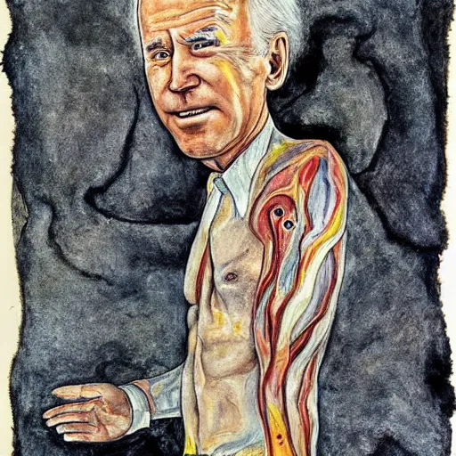 Image similar to joe biden rising from the dead, by egon schiele and william blake and stephen gammell