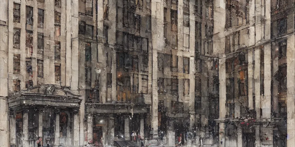 Image similar to wall street block facade. texture. doors. street. people. art by greg rutkowski and william o'connor