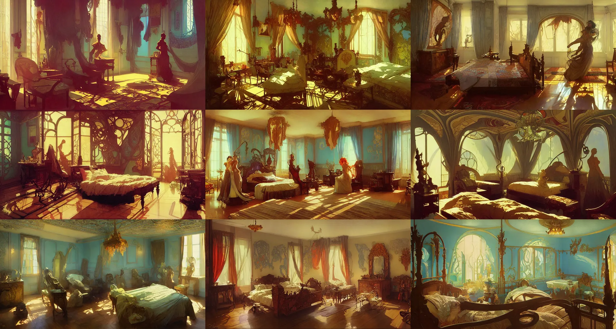 Prompt: bedroom, art nouveau architecture, art by joseph leyendecker, peter mohrbacher, ivan aivazovsky, ruan jia, reza afshar, marc simonetti, alphonse mucha