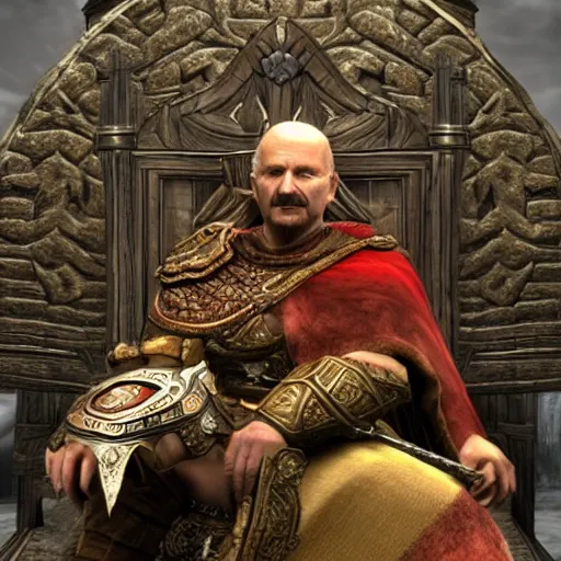 Image similar to Alexander Lukashenko as a Jarl of Belarus Hold in The Elder Scrolls V: Skyrim sitting on his throne in a slumped pose