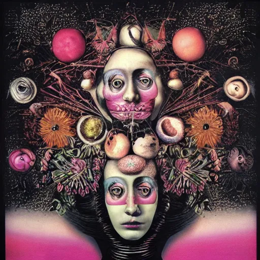 Image similar to album cover, new age, black, white, pink, psychedelic, space, giuseppe arcimboldo